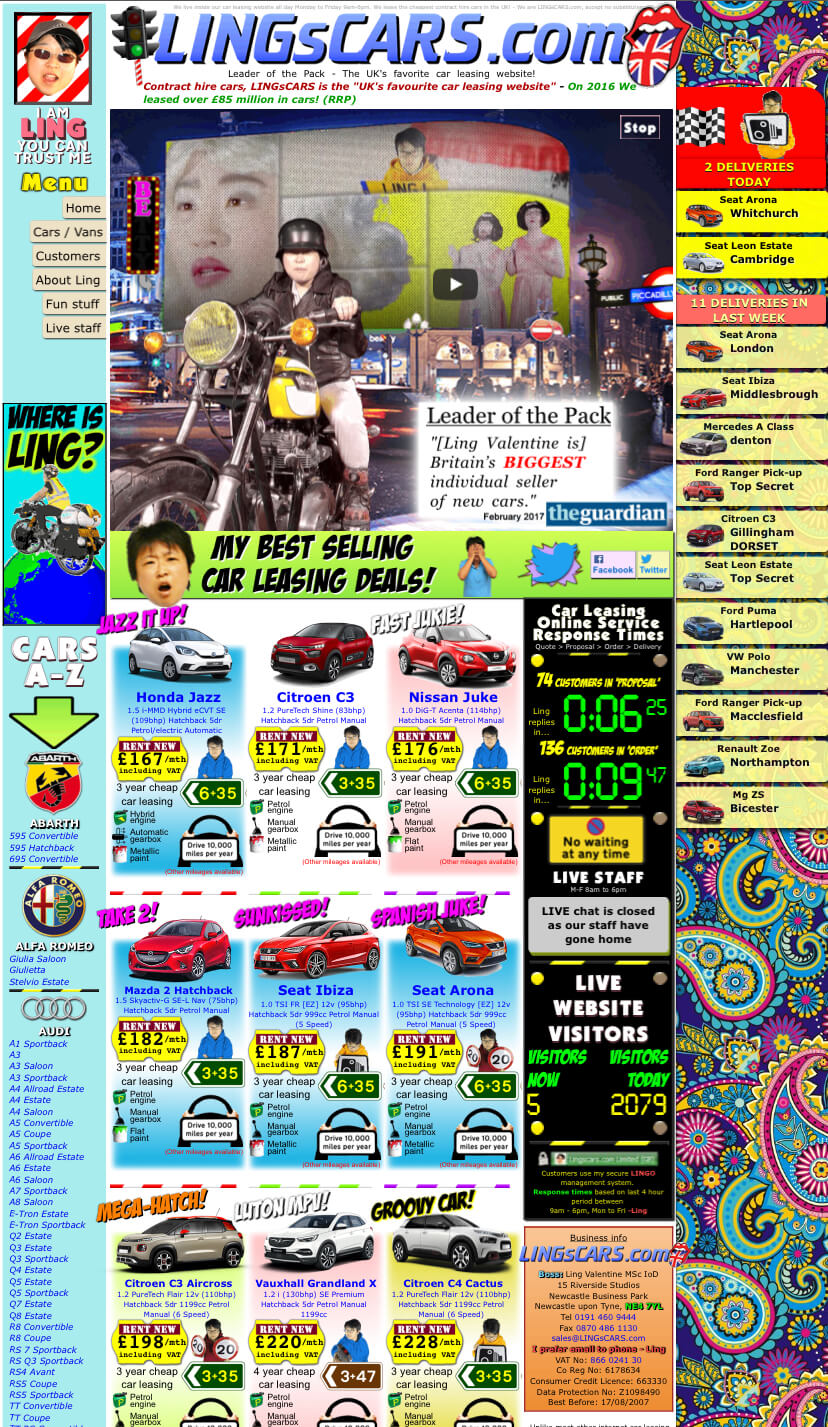 Screenshot of Lings Cars Homepage. It’s colourful and busy and full of animated things