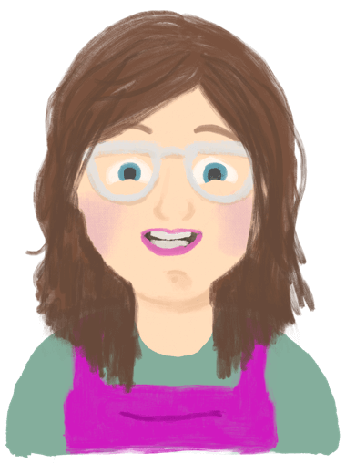 hand drawn illustration: Me, wearing a green top, pink dungarees and clear glasses, I have shoulder length brown hair, pink lipstick and a mild look of terror on my face